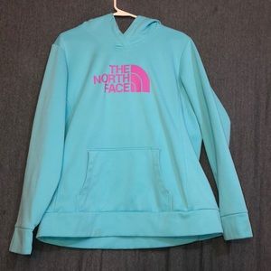 The North Face blue and pink hooded sweatshirt